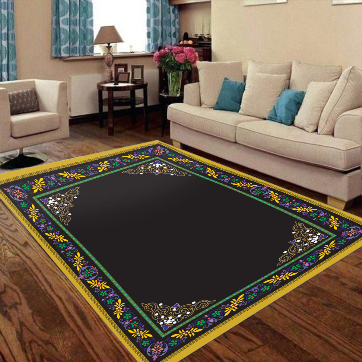 Tapis de prière et salon rectangulaire noir motif floral