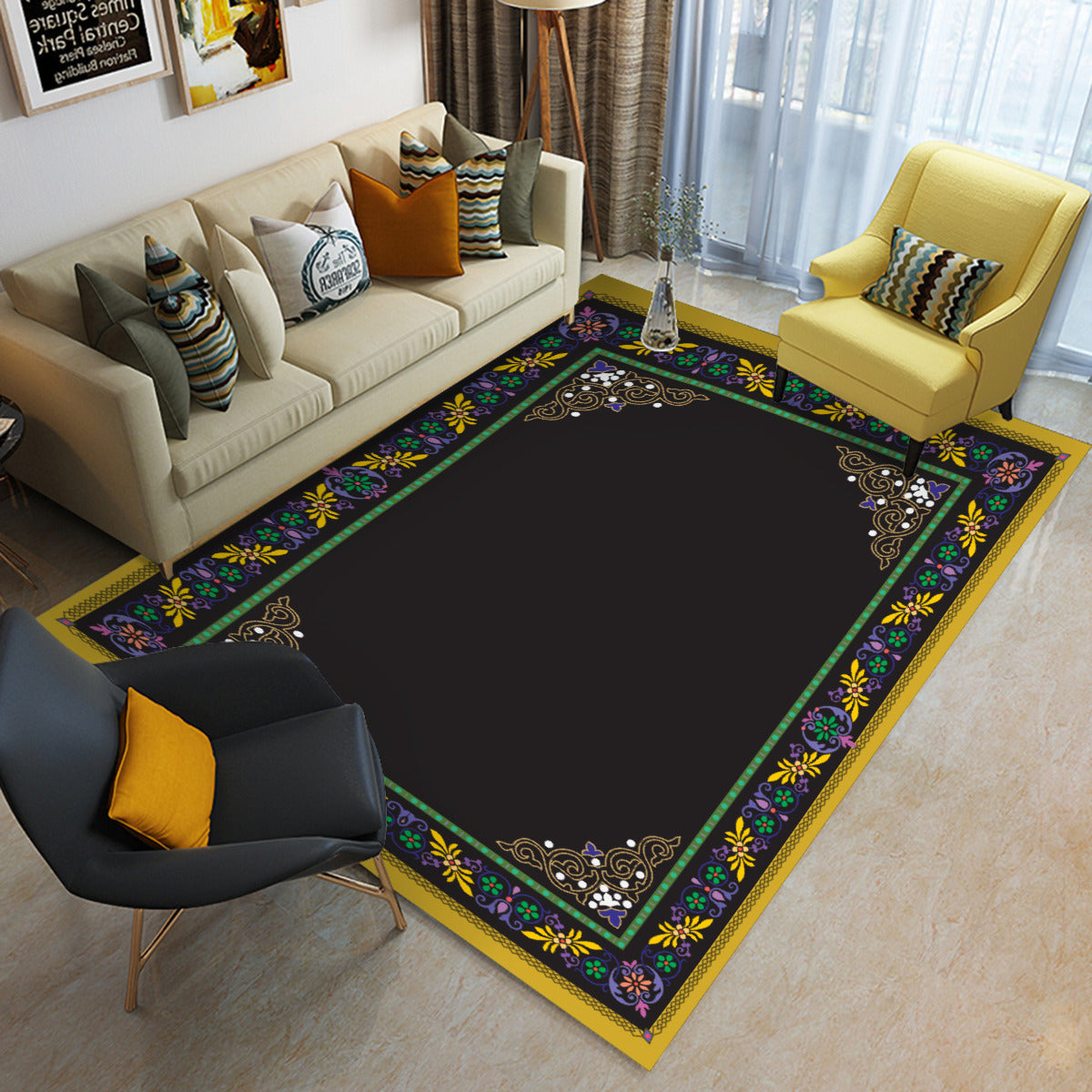 Tapis de prière et salon rectangulaire noir motif floral