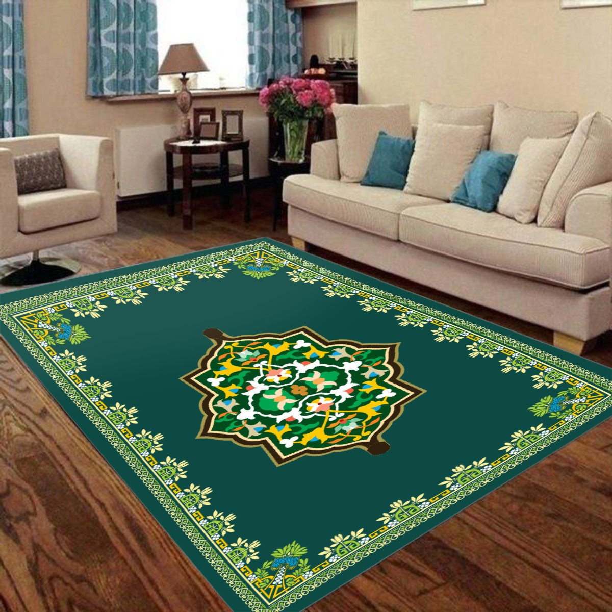 Tapis de prière et salon vert rectangulaire motif géométrique