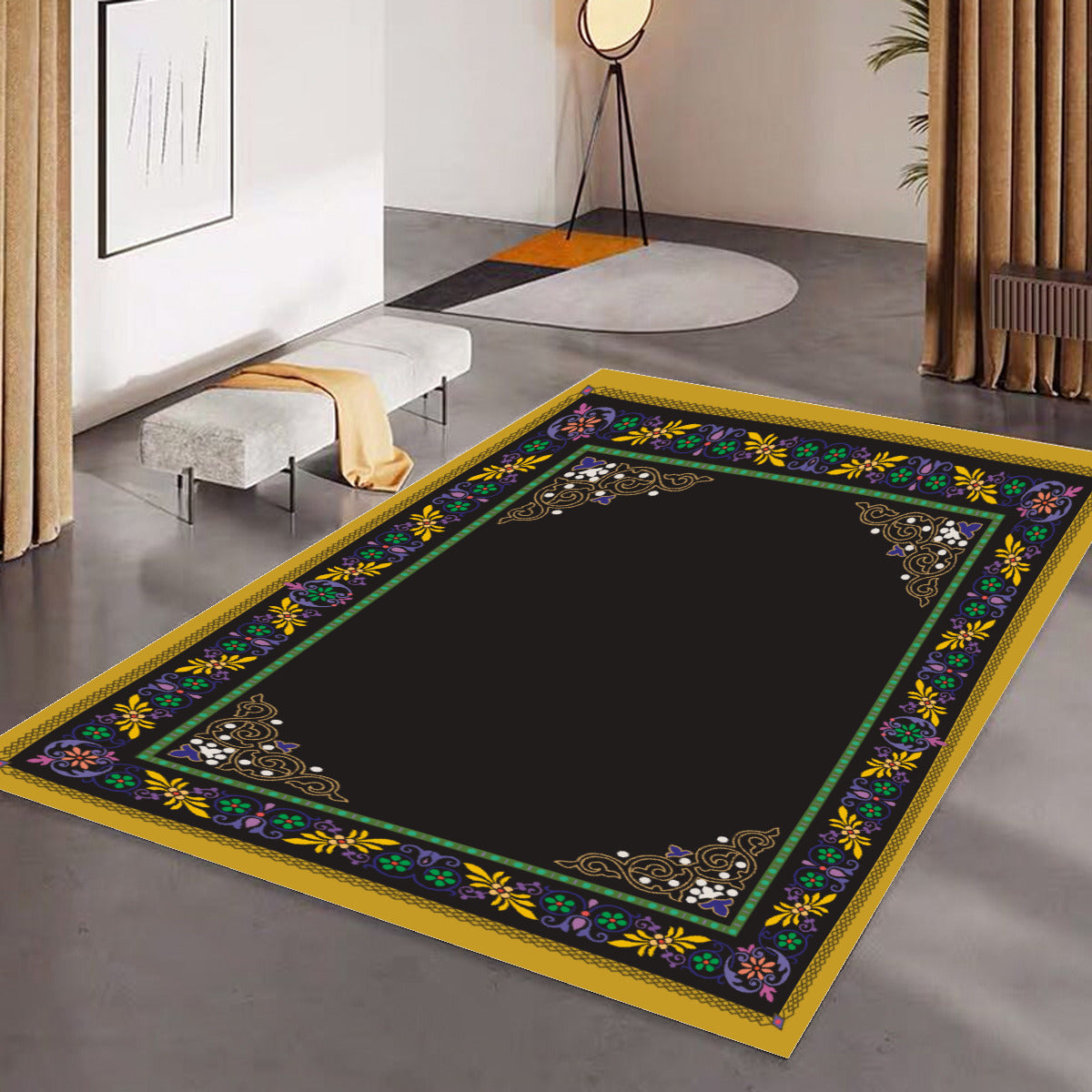Tapis de prière et salon rectangulaire noir motif floral