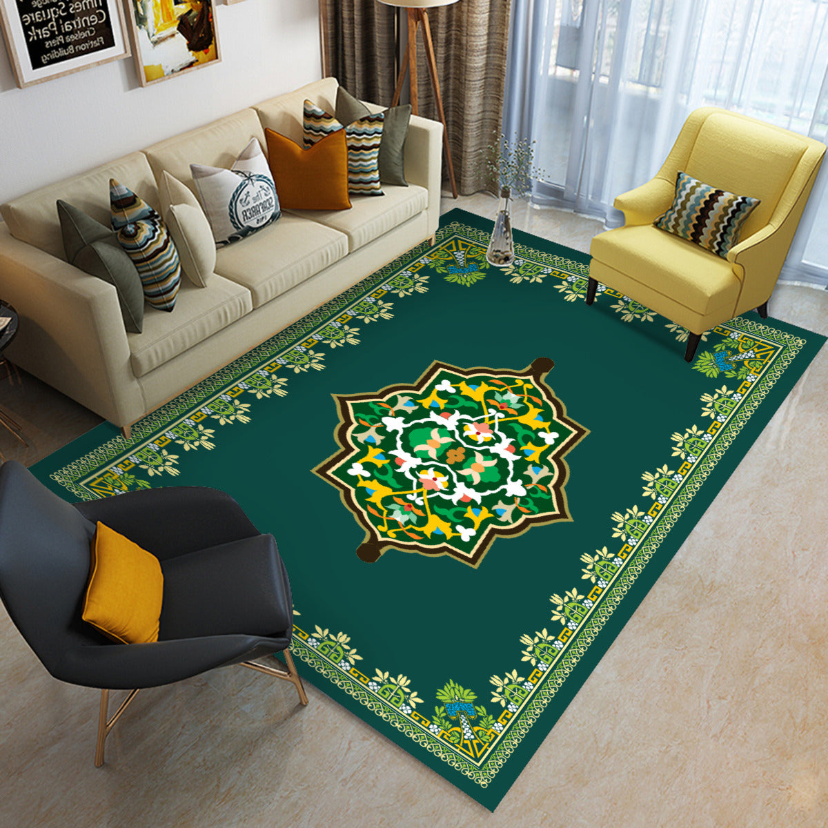 Tapis de prière et salon vert rectangulaire motif géométrique