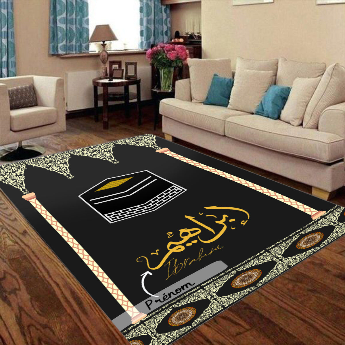 Tapis de prière Kaaba personnalisé prénom calligraphie Arabe