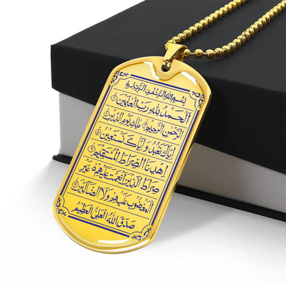 Collier Plaque Militaire de Luxe Sourate Al-Fatiha Gravée or 18K
