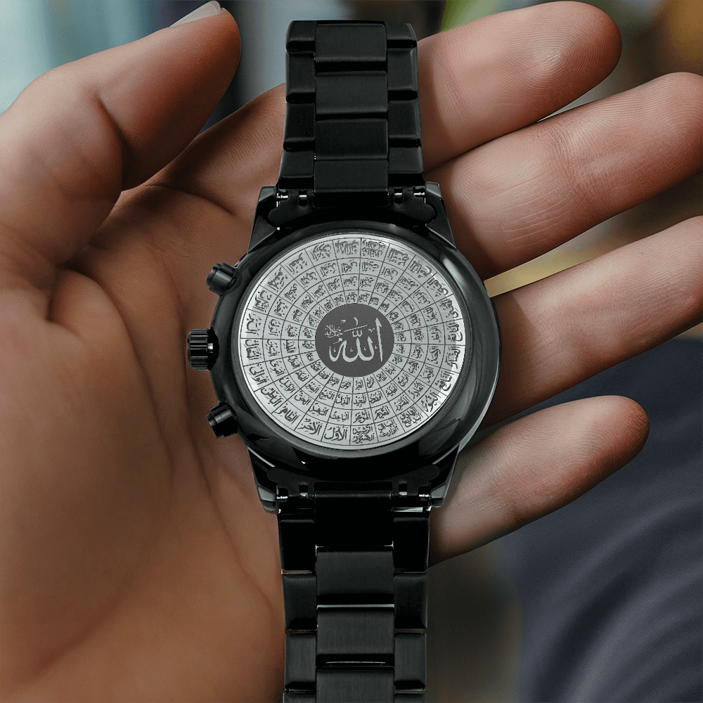 montre chronographe noire avec gravure 99 noms d'Allah