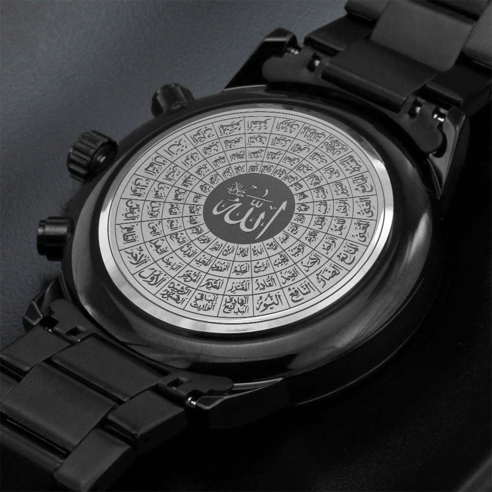 montre chronographe noire avec gravure 99 noms d'Allah
