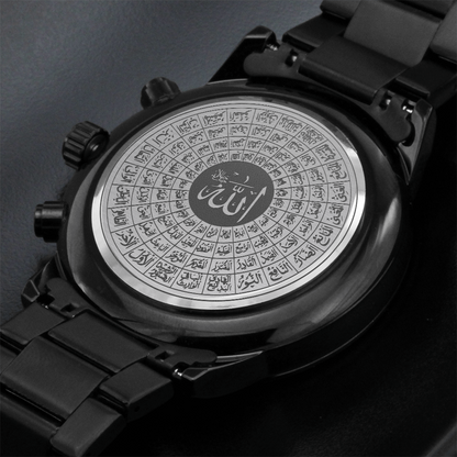 montre chronographe noire avec gravure 99 noms d'Allah