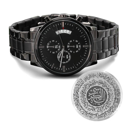 Montre Chronographe Noire Ayat Alkurssi gravé
