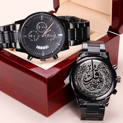 Montre chronographe noire avec gravure sourate Alfalaq